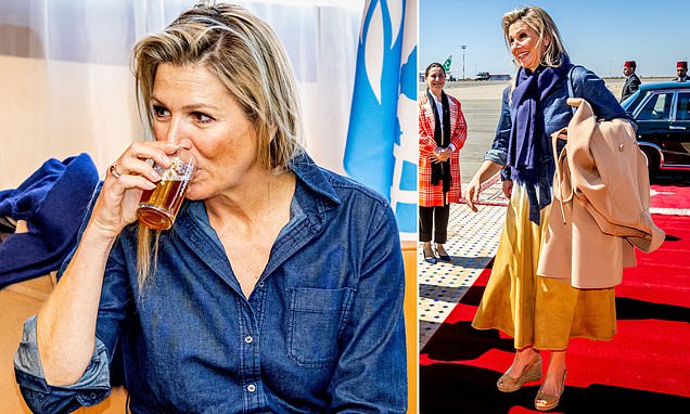 Divine in denim! Queen Maxima of The Netherlands puts a stylish foot forward as she touches down in Morocco for UN financial talks